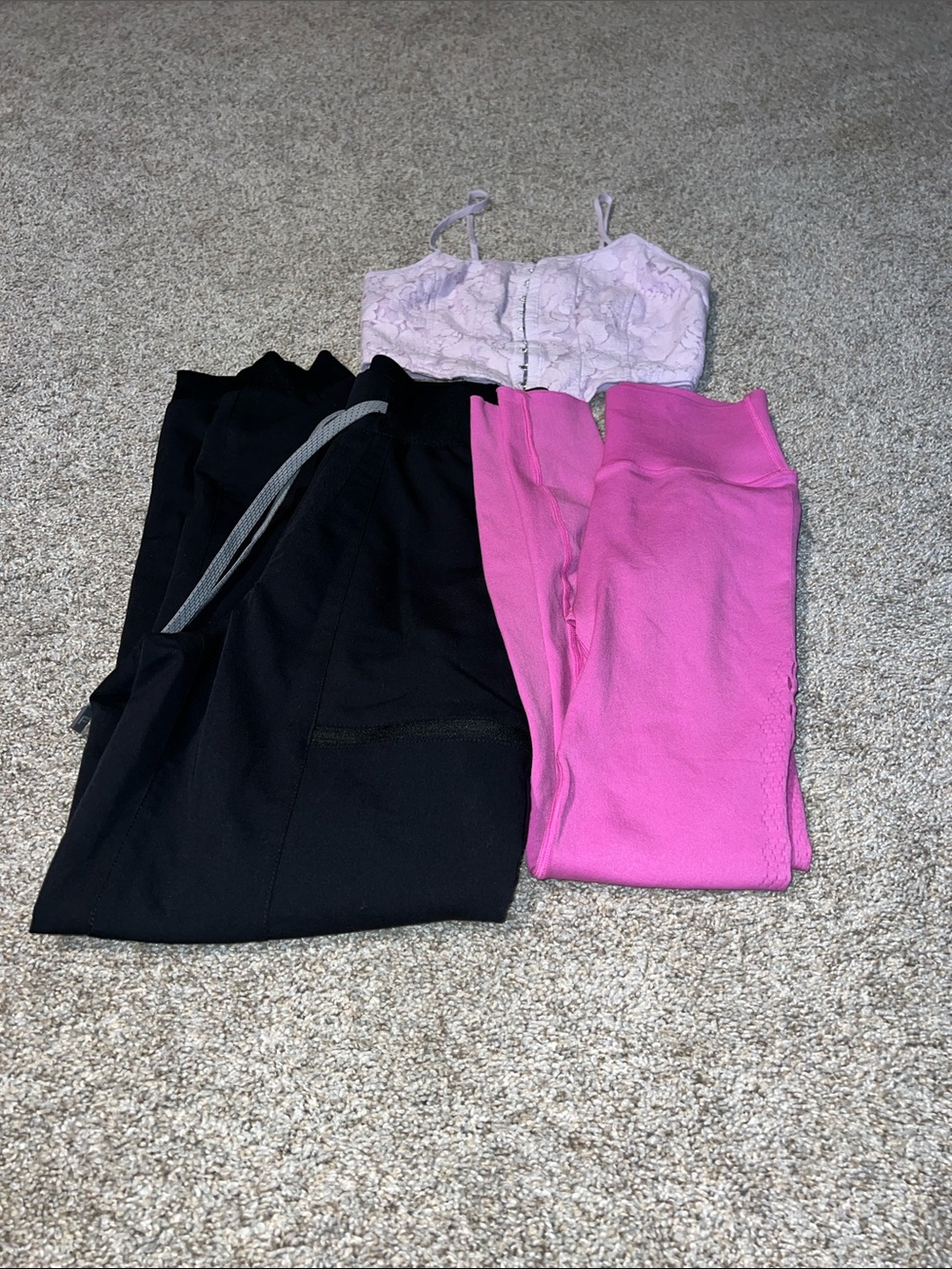 Bundle of 3. Lavender Lace Crop Top with Black Joggers and Pink Leggings.